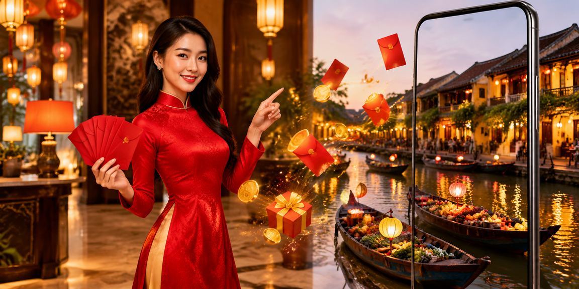Phụ nữ áo dài cầm phong bao đỏ, biểu tượng thưởng và khuyến mãi